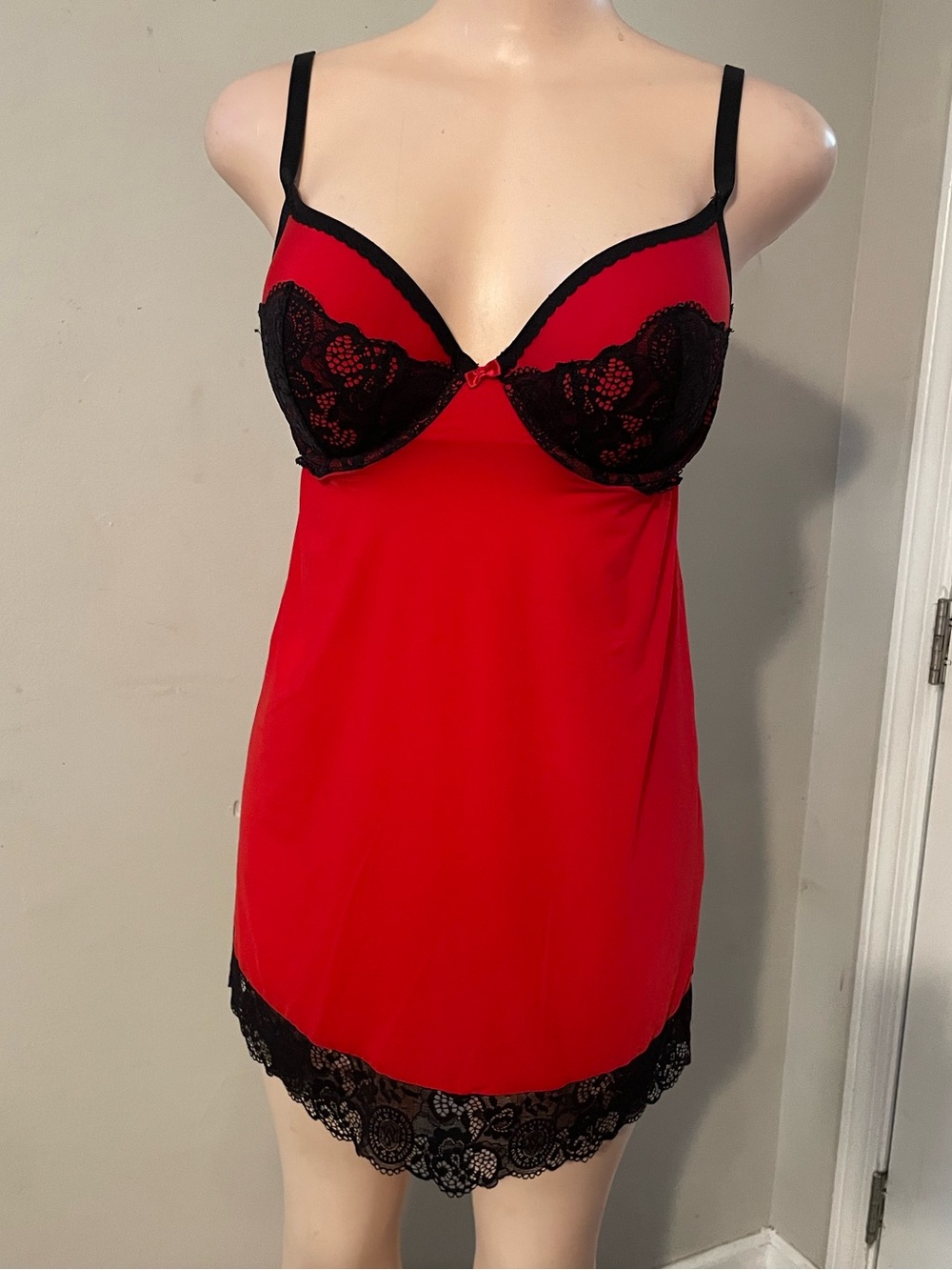 Victoria Secret 36D Red Lace-Trim Chemise Night dress lingerie